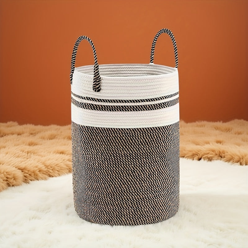 Scandinavian Bohemian Woven Storage Basket - Foldable Polyester Rope Hamper with Handles, Black & White Geometric Pattern, Multi-Purpose Organizer for Laundry, Toys, Home Decor, Laundry Basket
