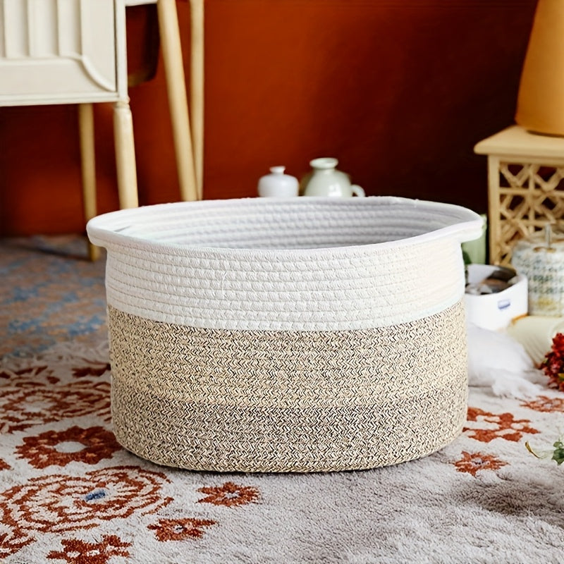 Scandinavian Bohemian Woven Storage Basket - Foldable Polyester Rope Hamper with Handles, Black & White Geometric Pattern, Multi-Purpose Organizer for Laundry, Toys, Home Decor, Laundry Basket