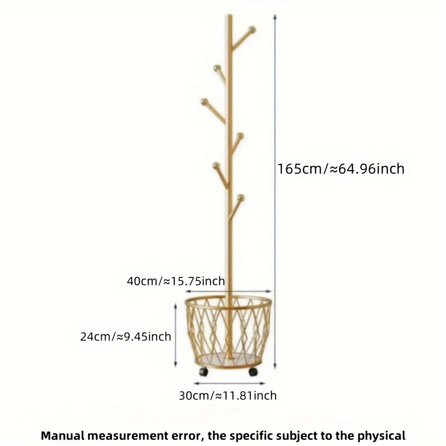 Golden Clothing Rack Space-Saving Golden Single-Pole Clothing Rack with Basket | Sturdy Iron Construction, Easy Assembly, Modern Home Decor, Contemporary Furniture, Elegant Finish, Laundry Room Decor